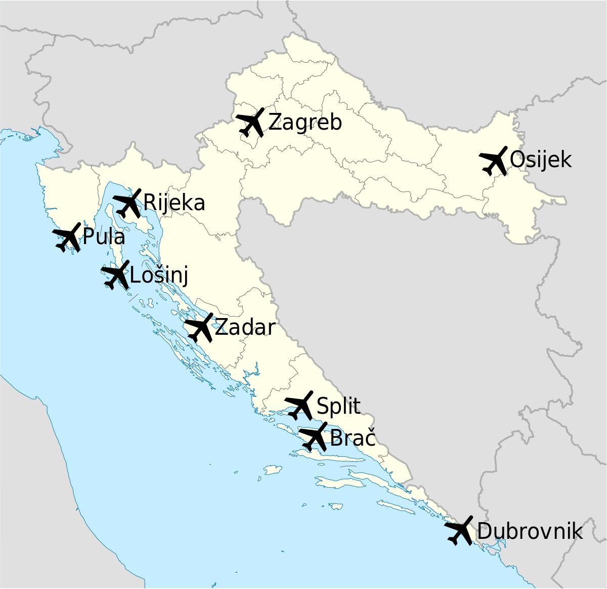 karte horvātija, parādot lidostas
